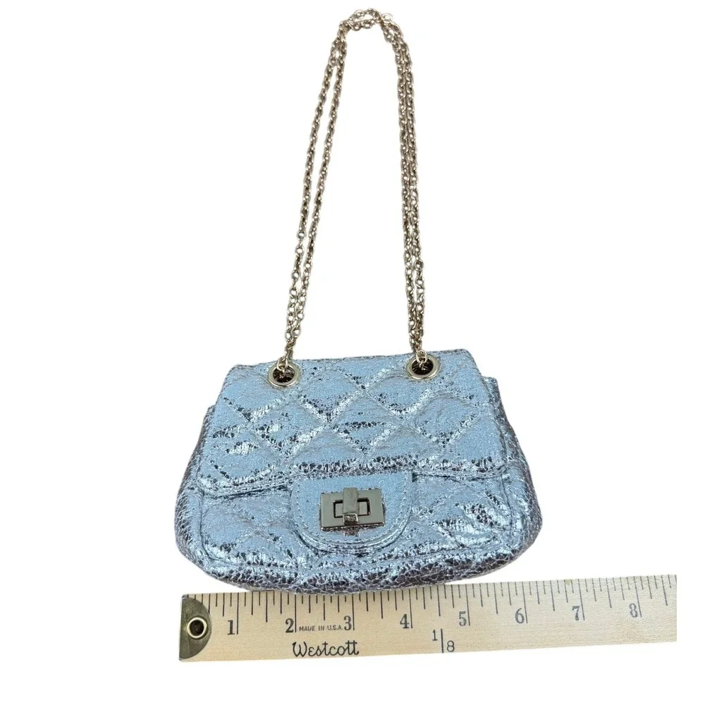 Girls Silver Metallic Quilted Mini Flap Crossbody Bag Gold Chain Strap